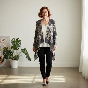 Take Two Cardigan L Gray Beige Floral Cotton Open Front Boho Cottagecore Soft